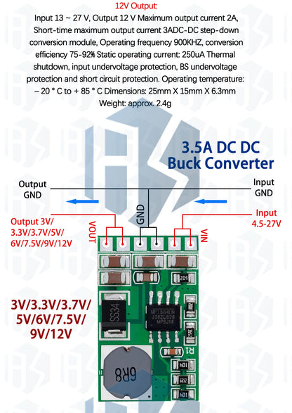 Módulo Convertidor Buck DC-DC 3.5A 4.5V-27V a 3V-12V Step-Down Regulador Voltaje DD2712SA