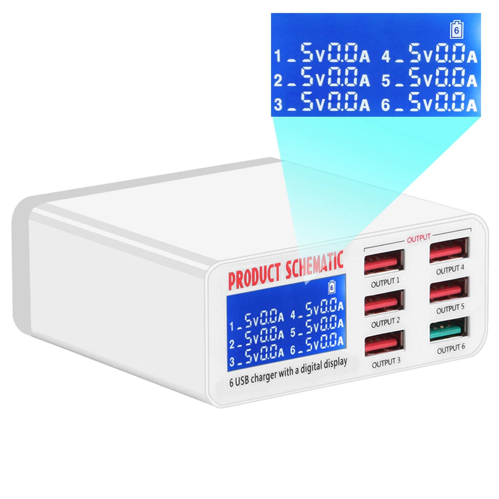 Cargador Escritorio USB 8A QC 3.0 (6 Puertos) con Pantalla LCD Carga Rápida Inteligente para Móvil/Tablet