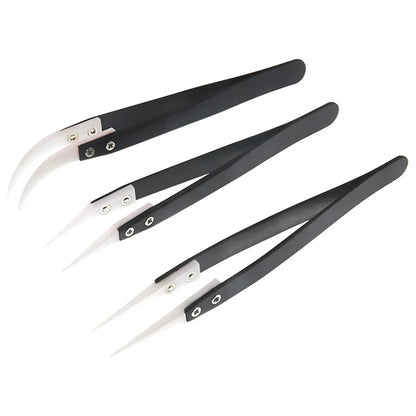 Pinzas Cerámica Antiestáticas Acero Inoxidable Industriales (Punta Recta/Curva Aislada) Negro/Blanco