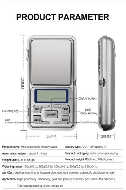 Mini Balanza Electrónica Digital Bolsillo Alta Precisión (0.01g - 500g) para Joyería/Oro/Plata/Cocina (Gramos)