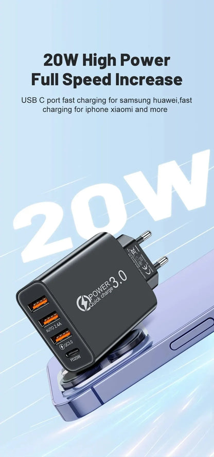 Cargador Pared Múltiple 4 Puertos USB (Total 60W) Carga Rápida PD Tipo C Adaptador Móvil para Xiaomi/iPhone 14/15/Samsung S24