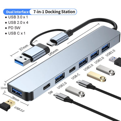 Hub Extensor USB-C a USB 3.0 Aluminio 7 en 1 (1x USB 3.0, 4x USB 2.0, 2x USB-C) Distribuidor USB