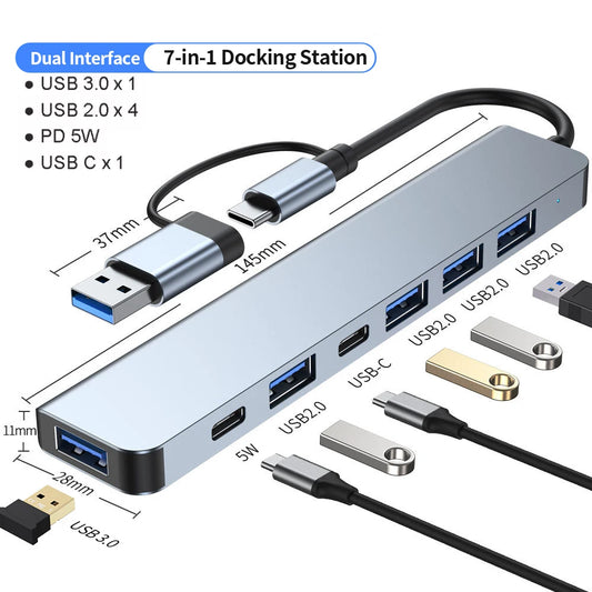 Hub Extensor USB-C a USB 3.0 Aluminio 7 en 1 (1x USB 3.0, 4x USB 2.0, 2x USB-C) Distribuidor USB