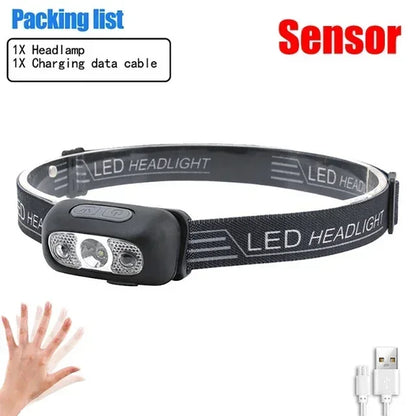 Linterna Frontal LED Portátil Luz Fuerte con Sensor (Recargable USB) para Camping Exterior/Pesca/Emergencia