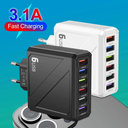 Cargador Pared USB 6 Puertos 3.1A Carga Rápida Adaptador Móvil para iPhone/Samsung/Xiaomi/Huawei