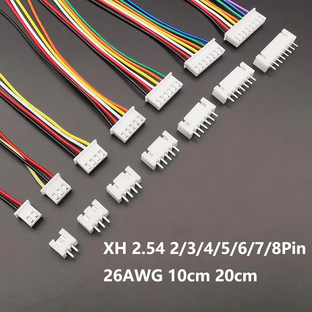 Set Conectores JST XH 2.54mm (2-8 Pines) Macho/Hembra con Cable 10/20cm 26AWG (5 Sets)