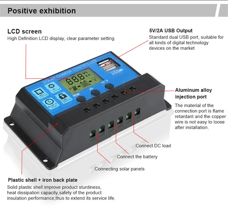 Controlador Carga Solar PWM 10A 12V/24V Control Luz/Tiempo Auto Dual USB LCD