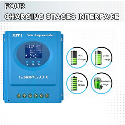 Controlador Carga Solar MPPT 60A/100A/150A 12V-48V Auto LCD Dual USB para Batería Plomo-Ácido/Litio