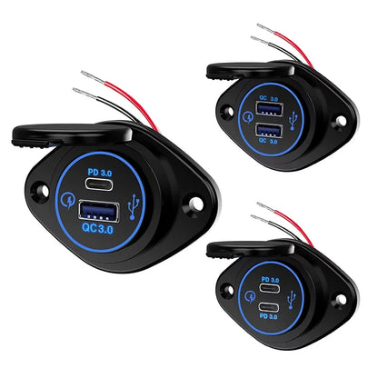 Panel Salida USB RV 12V PD 36W (USB-C) + QC3.0 18W (USB-A) Socket Cargador Auto Carga Rápida