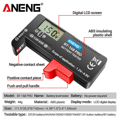 Probador Baterías Digital ANENG BT-168 PRO (Analizador Carga Capacidad) Universal para 9V/AAA/AA/Pila Botón
