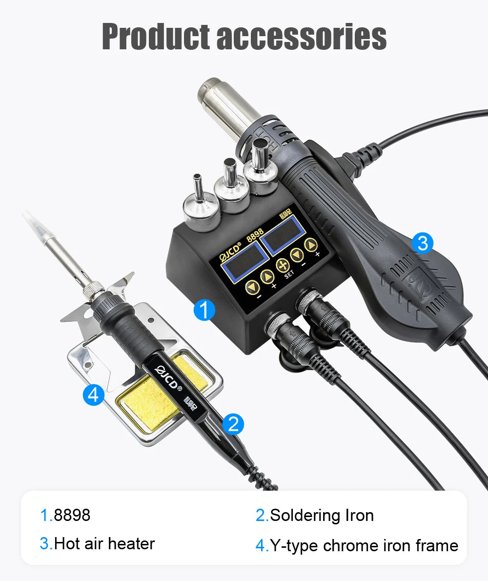 Estación de Soldadura 2 en 1 (Cautín + Pistola Aire Caliente) 750W para Reparación BGA/SMD (Modelo JCD 8898)