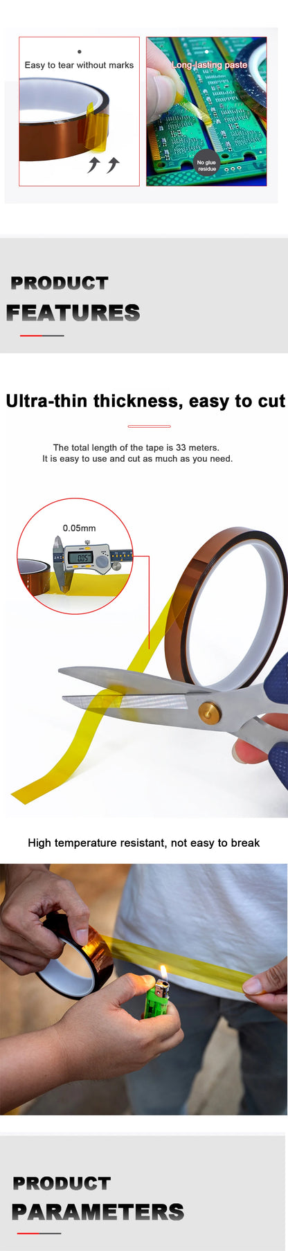 Cinta Adhesiva Kapton Poliimida Alta Temperatura (10-50mm Ancho, 33m Largo) Resistente Calor para Enmascarar/Soldar