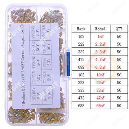 Kit Surtido Capacitor Cerámico Multicapa (10pF-10uF, 50V, P=5.08mm)