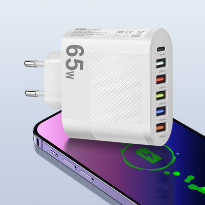 Cargador Pared USB Múltiple 6 Puertos 65W Carga Rápida Alta Velocidad (PD, QC 3.0) Adaptador Móvil para Huawei Mate 60/Xiaomi 13