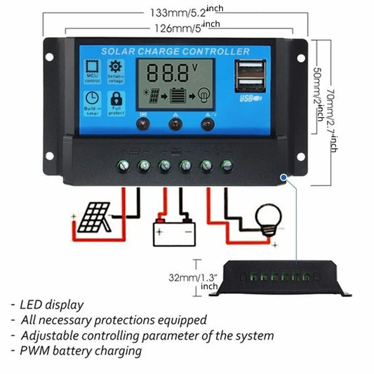 Controlador Carga/Descarga Solar PWM 10A-100A Auto LCD Dual USB Regulador Panel Célula