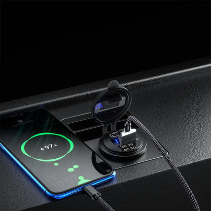 Cargador USB Auto/Camión PD 60W + QC 3.0 con Switch LED Voltímetro 12V/24V Carga Rápida