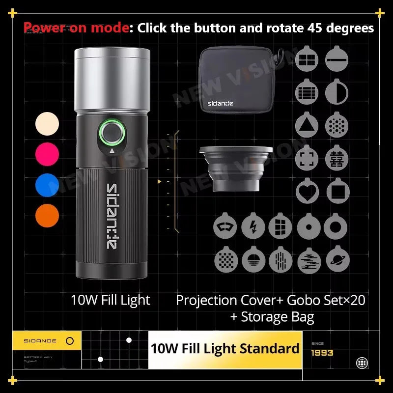 Linterna Proyector LED Sidande Photoolex (10W, 4 Colores) con Batería 8400mAh y Rosca 1/4"