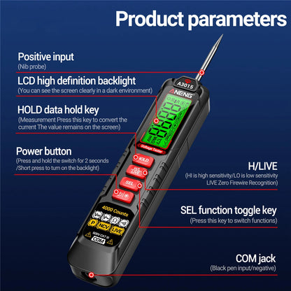 Lápiz Tester Voltaje Digital ANENG HA3015 (4V-600V) - 4000 Cuentas, Inteligente para Electricista/Automotriz
