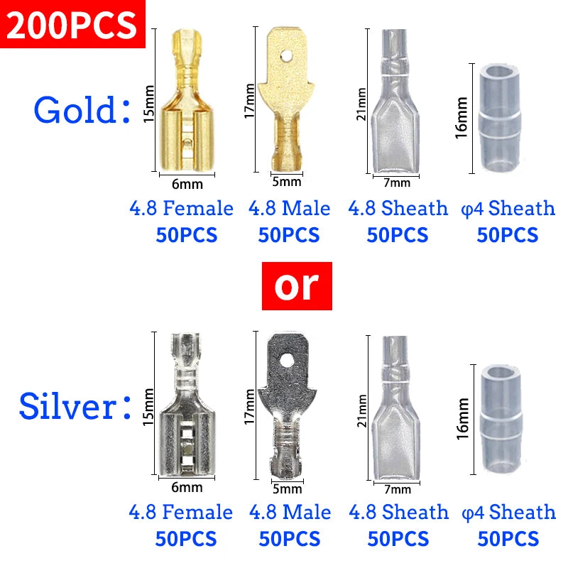 Set Conectores Terminal Crimp Macho/Hembra (2.8/4.8/6.3mm) Oro/Plata para Cable Eléctrico Altavoz Auto (100/200 Piezas)