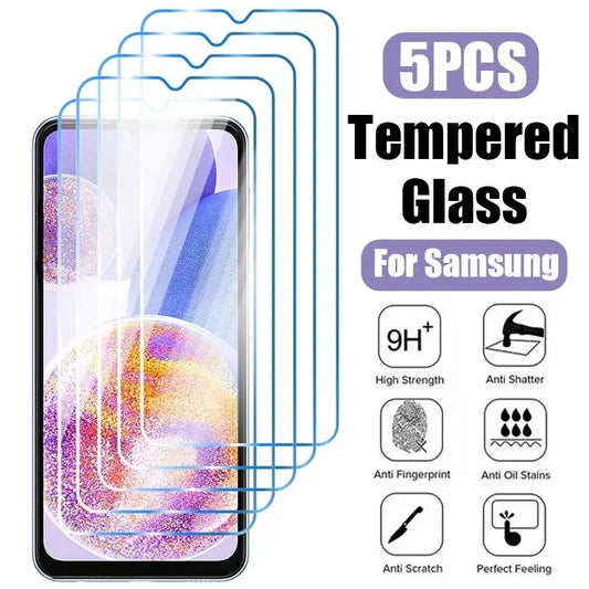 Film Protector Pantalla Cristal Templado HD para Samsung Galaxy A04/A05S/A13-A15/A24 4G/A25/A34/A54/M04/M13/M14/M34/M54 5G/A73 (Pack 5 Unidades)