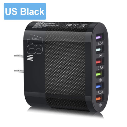 Cargador Pared Rápido USB 6 Puertos (6 en 1) Adaptador Carga para Samsung S22/S23, Xiaomi