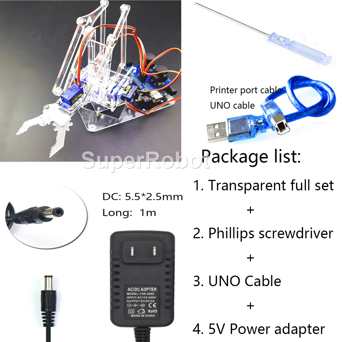 Kit Garra Brazo Robot Manipulador Mecánico Acrílico 4-DOF (Desarmado, para SG90/MG90S) Arduino STEAM