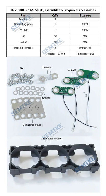Supercapacitor Farad 3000F 2.7V/3V con BMS, Placa Balanceadora y Soportes