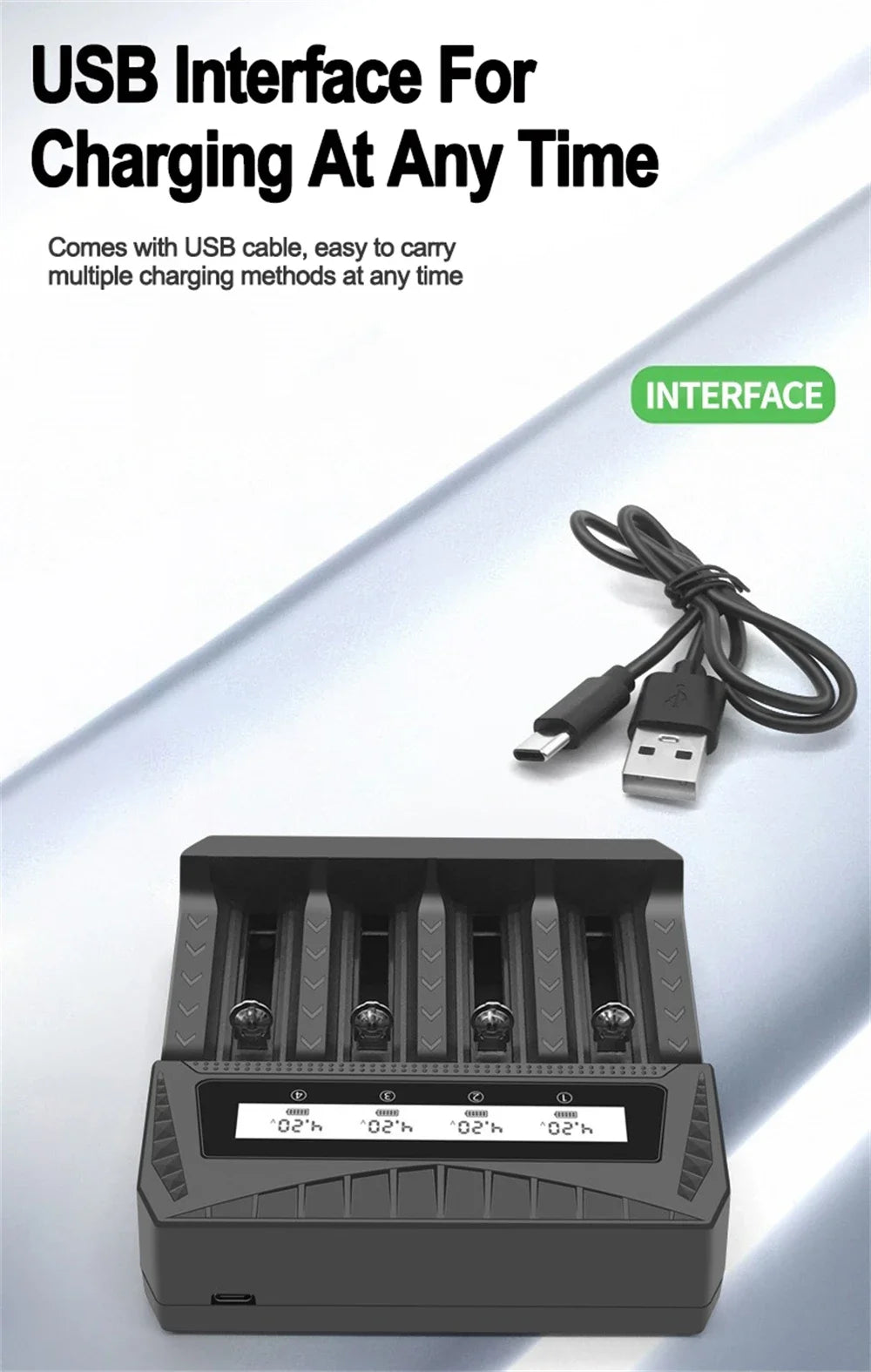 Cargador USB Inteligente Baterías LCD (1/2/4 Ranuras) para Litio Recargable 18650 (4.2V) / Ni-MH AA/AAA (1.2V)