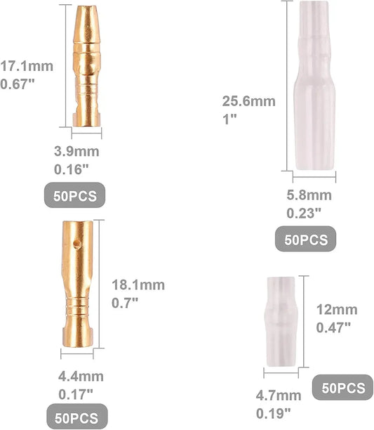 Kit Conectores Terminales Bala Latón Macho/Hembra 3.9mm con Cubierta Aislante para Cable Motocicleta (200 Piezas)