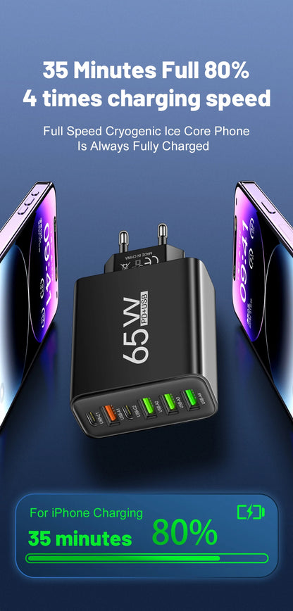 Cargador Pared Rápido USB-C 65W (6 Puertos) para iPhone 14/15 Pro Max, Samsung S23, Xiaomi 14