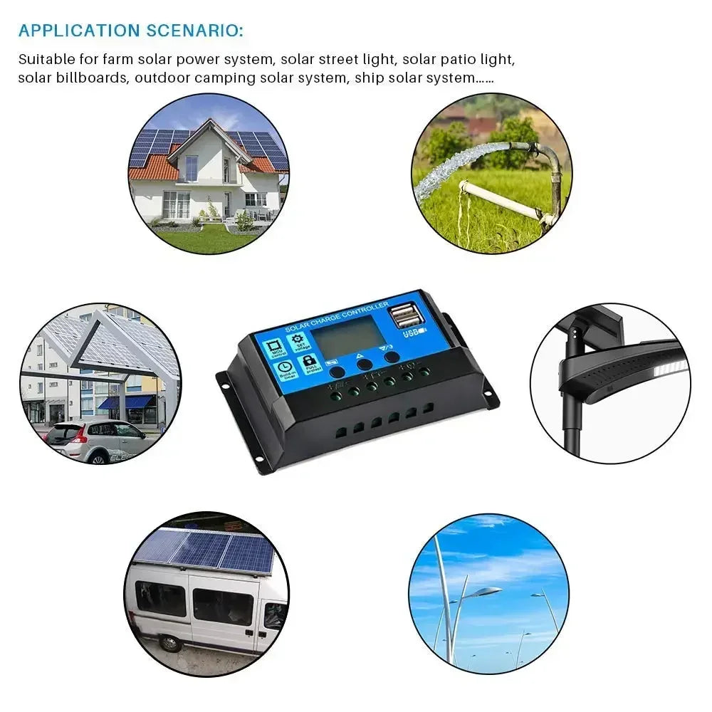 Controlador Carga Panel Solar 12V/24V PWM/MPPT 10A-30A Cargador Batería Auto Regulador USB 5V Max PV 50V