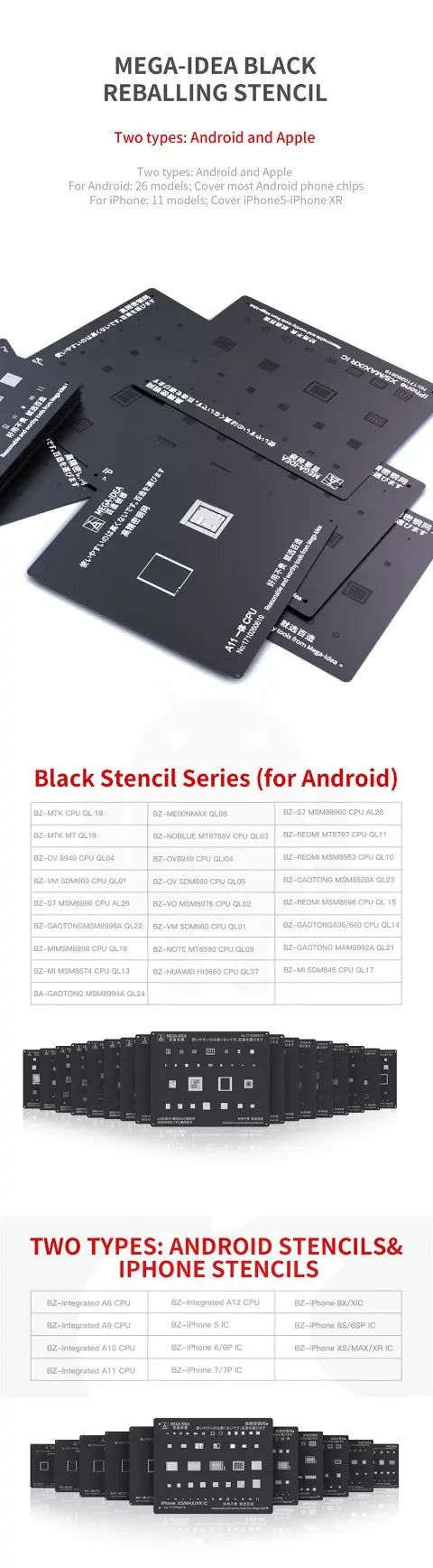 QIANLI MEGA-IDEA Black BGA Reballing Stencil Multifunction Universal Net for iPhone 6-16 Pro Max Planting Tin Steel Mesh tools