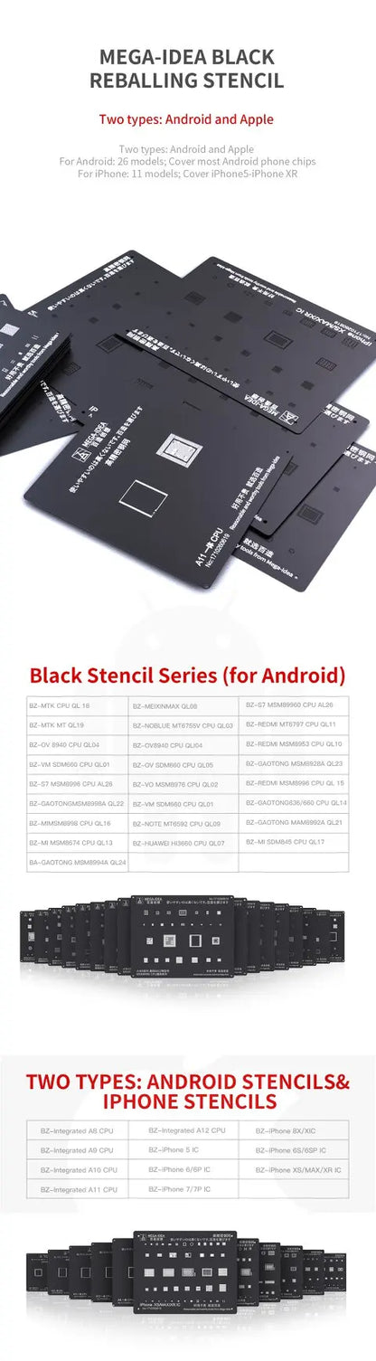 QIANLI MEGA-IDEA Black BGA Reballing Stencil Multifunction Universal Net for iPhone 6-16 Pro Max Planting Tin Steel Mesh tools