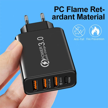 Cargador Rápido USB Tipo C 4 Puertos (QC 3.0, PD) Adaptador Corriente para Móvil iPhone/Samsung/Xiaomi (Negro)