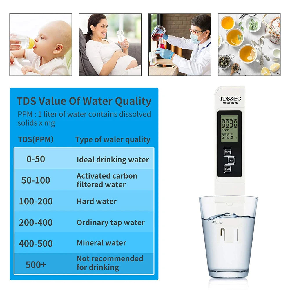 Medidor Digital Calidad Agua TDS/EC Multifuncional (Rango 0-9990 ppm) Pureza/Temperatura (1 Unidad, Blanco)