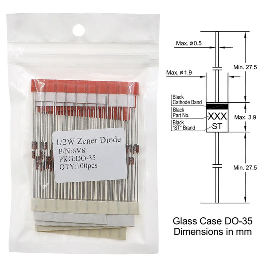 Diodo Zener (0.5W / 1/2W, 2V-39V, DO-35) - Unidad (Especificar Valor)