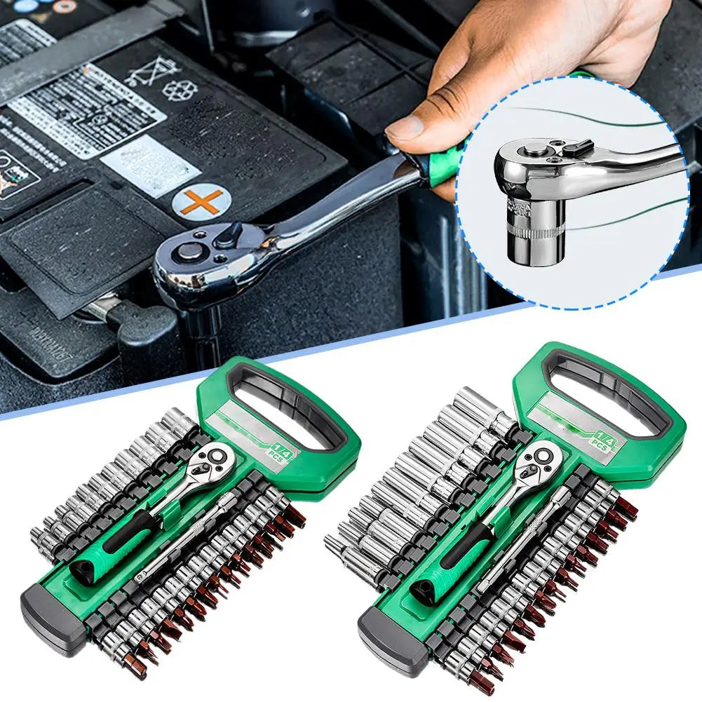 Juego Llaves Vaso Tubo con Ratchet (1/4", 3/8", 1/2") Herramientas Mano para Reparación Auto/Mecánica