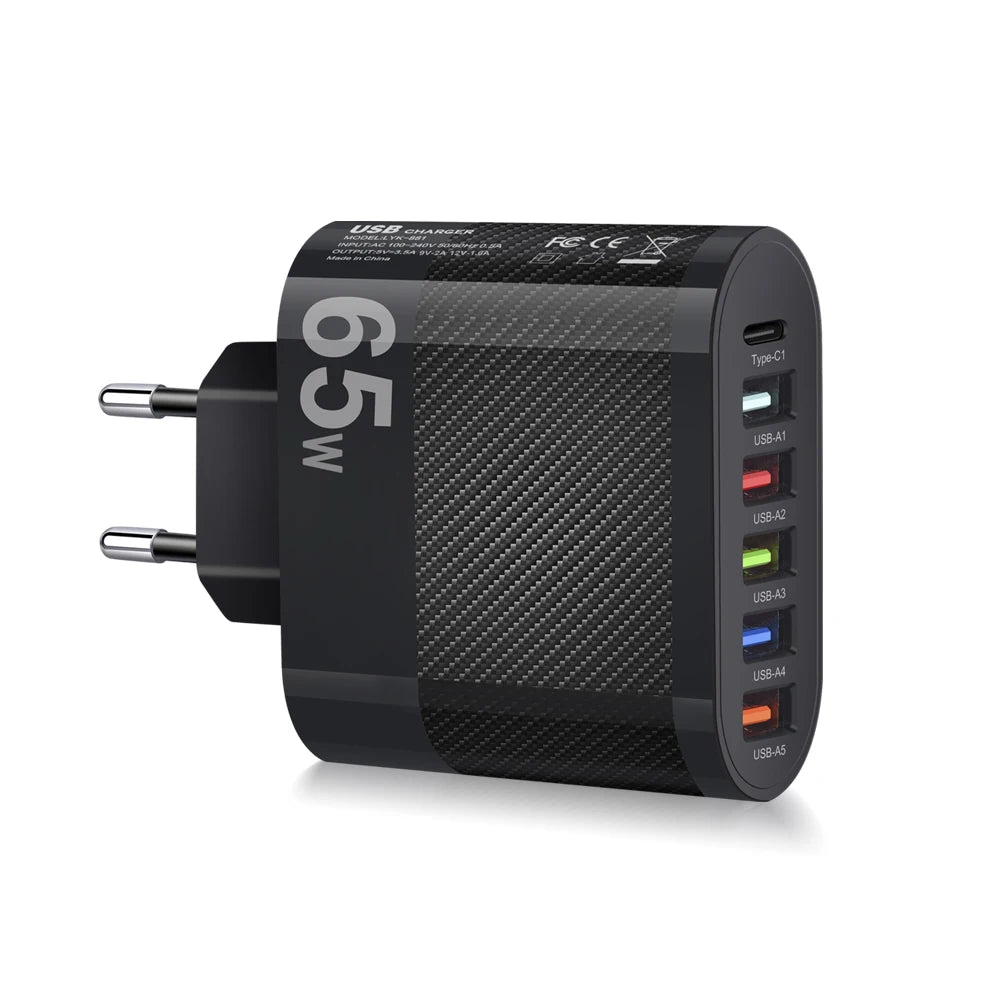 Cargador Pared USB Múltiple 6 Puertos 65W Carga Rápida Alta Velocidad (PD, QC 3.0) Adaptador Móvil para Huawei Mate 60/Xiaomi 13