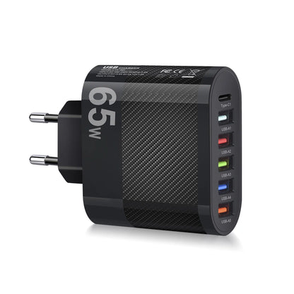 Cargador Pared USB Múltiple 6 Puertos 65W Carga Rápida Alta Velocidad (PD, QC 3.0) Adaptador Móvil para Huawei Mate 60/Xiaomi 13