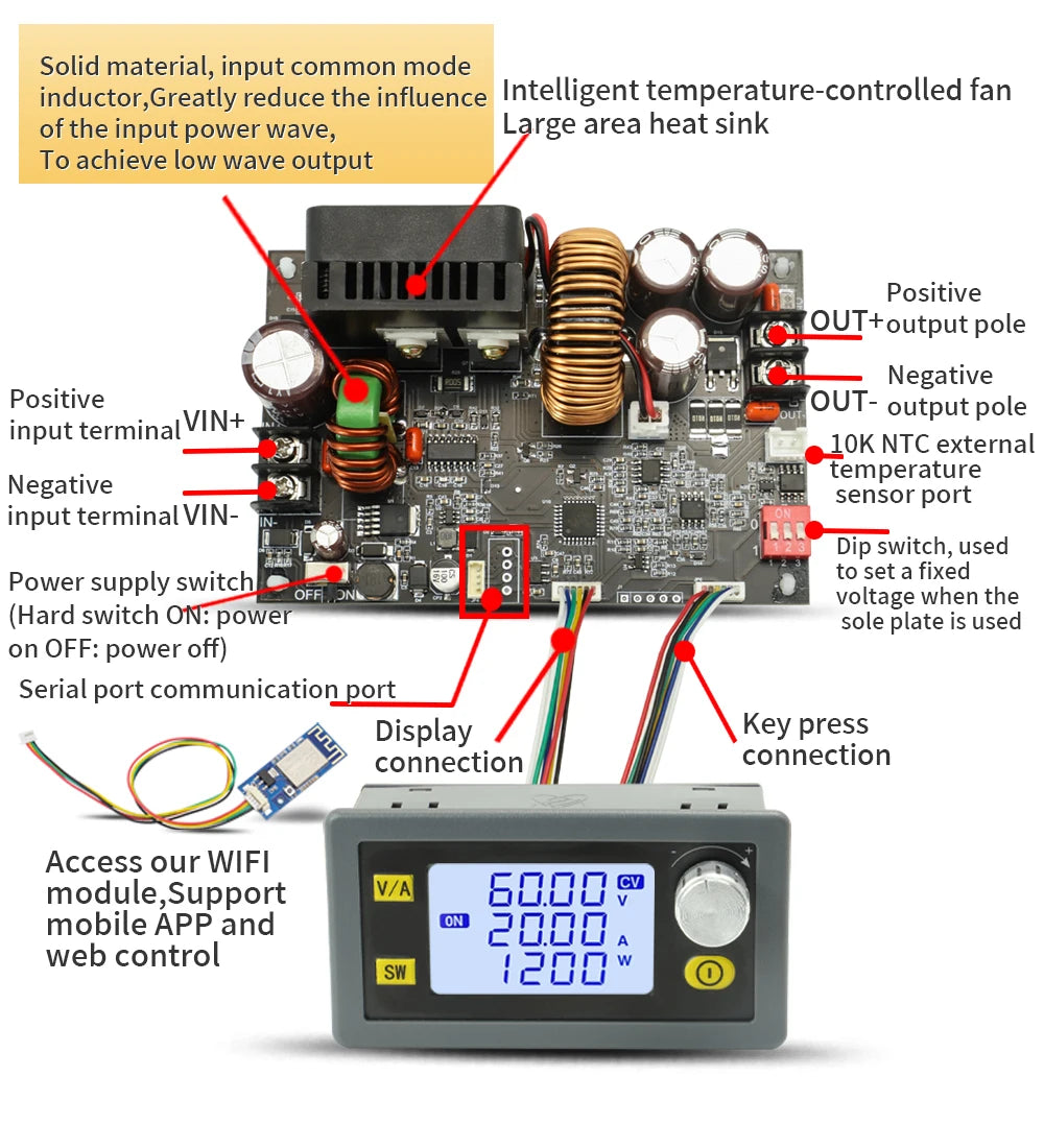 Módulo Fuente Alimentación Regulada Ajustable DC-DC Buck CC/CV 0-60V 15A/20A con Control WiFi App