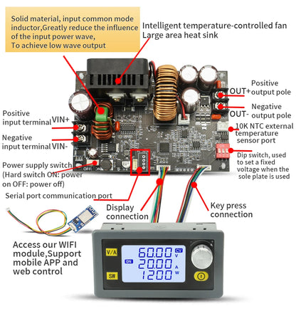 Módulo Fuente Alimentación Regulada Ajustable DC-DC Buck CC/CV 0-60V 15A/20A con Control WiFi App