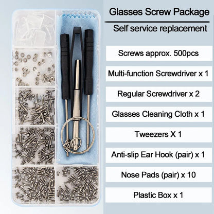 Kit Reparación Gafas/Lentes Sol (Destornillador, Tornillos, Tuercas, Almohadillas Nariz) Partes Ópticas Surtidas