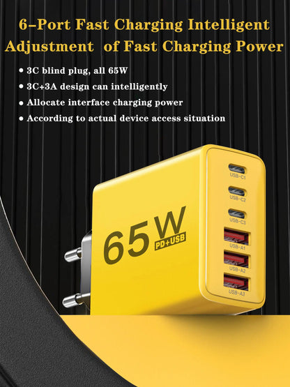 Cargador Pared USB C Múltiple 6 Puertos 65W Carga Rápida Total PD Adaptador Móvil para iPhone 15/16 Pro/Xiaomi/Samsung