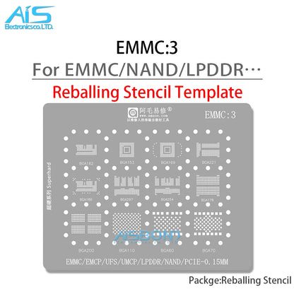 Plantilla Stencil BGA Reballing AMAOE EMMC3 para Android Nand/Flash/EMMC/EMCP/UFS/LPDDR (BGA 60-254, PCIE)