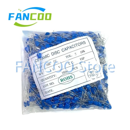 Capacitor Cerámico Alto Voltaje P5mm (10pF-1nF / 101-102, 1kV) - Pack 1000 Unidades (Valores Surtidos)