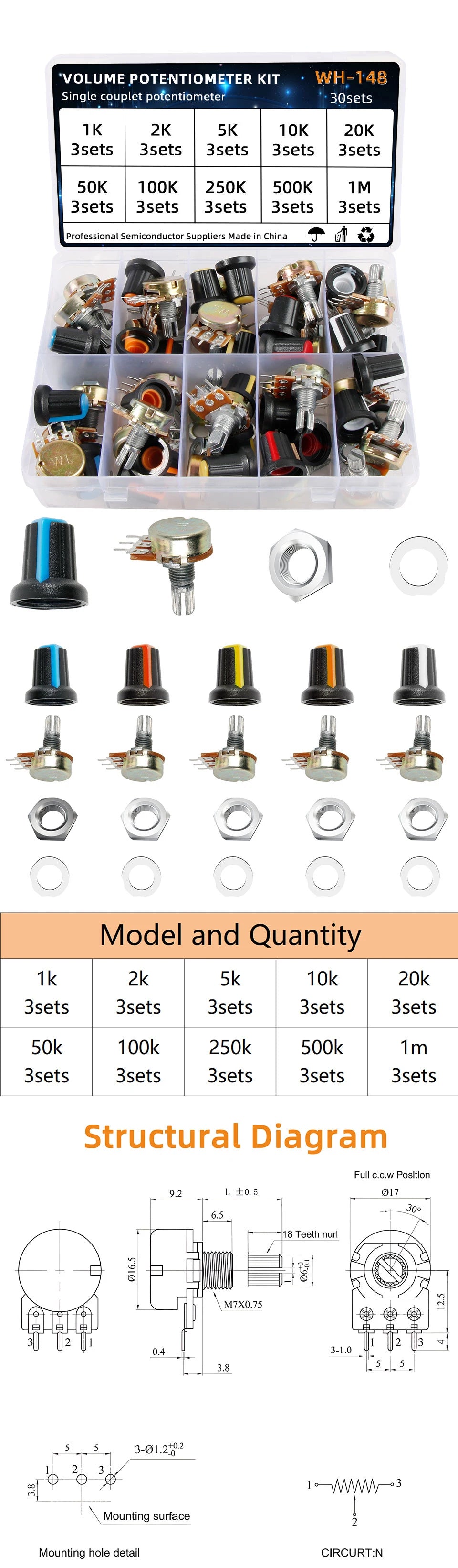 Kit Surtido Potenciómetros Variables WH148 (1K/10K/50K/500K/1M Ohm) con Tuercas y Arandelas (30 Sets)