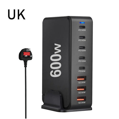 Cargador Escritorio GaN 600W PD3.1 Multifunción 28V/5A USB-C Adaptador US/EU/UK/AU Ahorro Energía