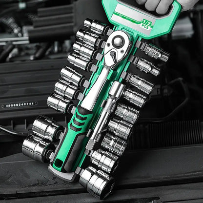 Juego Llaves Vaso Tubo con Ratchet (1/4", 3/8", 1/2") Herramientas Mano para Reparación Auto/Mecánica