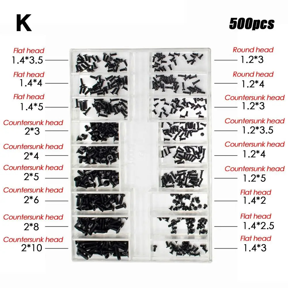 Set Mini Tornillos Acero Inoxidable 18 Tamaños para Reloj/Gafas/Electrónica Accesorio Reparación (500 Piezas)
