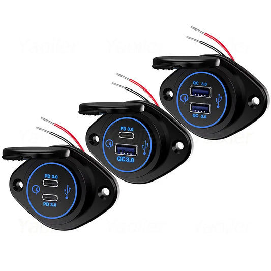 Panel Salida USB RV 12V PD 36W (USB-C) + QC3.0 18W (USB-A) Socket Cargador Auto Carga Rápida
